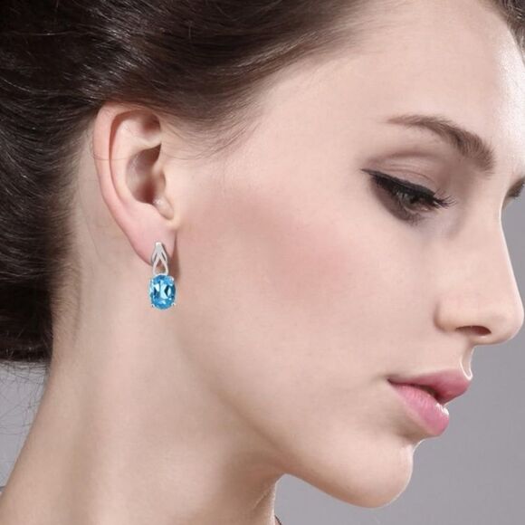 925 Sterling Silver with 3.60 Cttw Swiss Blue Topaz Oval Post Back Drop Earrings - Picture 3 of 4